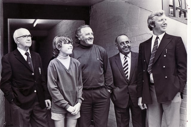 Former Owls star of the 50s, Jackie Sewell, third left, returns to his former club in June 1973. Pictured with him are chairman, Sir Andrew Stephen; his son Paul; the club's secretary and general manager, Eric Taylor, and manager Derek Dooley.