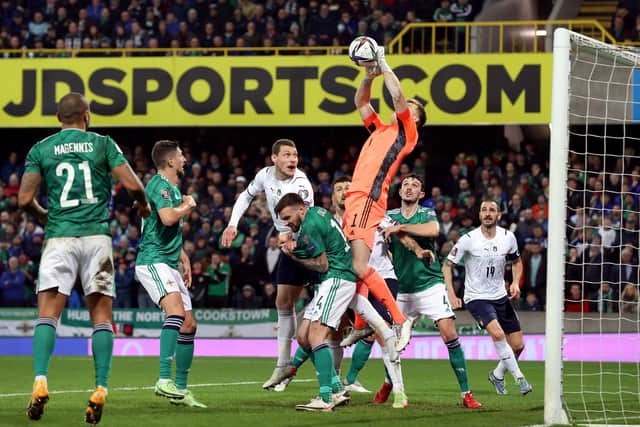 Northern Ireland goalkeeper Bailey Peacock-Farrell punches the ball clear during the FIFA World Cup Qualifying match against Italy at Windsor Park, Belfast.  Liam McBurney/PA Wire
