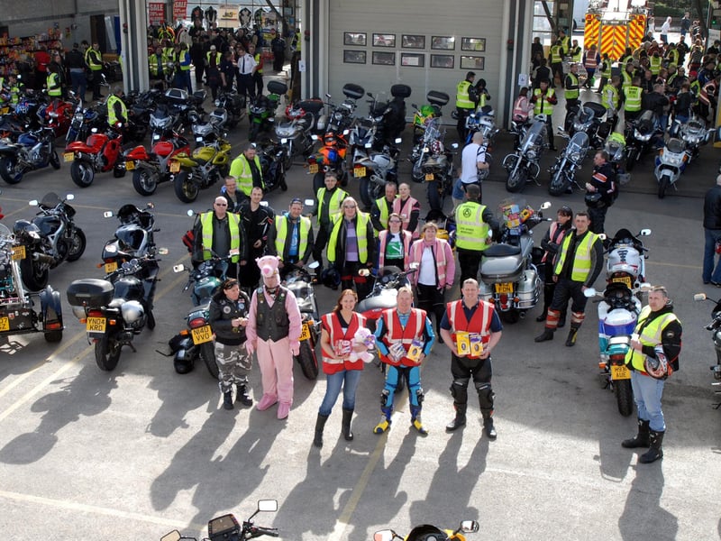 Times British Super Bike Champion John Reynolds pictured with bikers who took part in the Annual Easter Egg Run from Nottingham to Mansfield Fire Station in 2009.