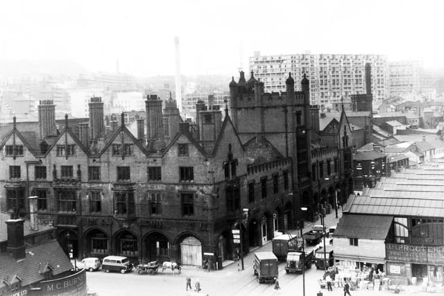 A view of the old Sheffield Corn Exchange in July 1959, showing Park Hill flats in the background and part of the wholesale fruit market