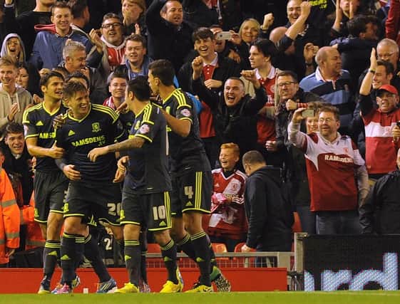 Middlesbrough players celebrate Adam Reach's goal against Liverpool in the 2014/15 League Cup.