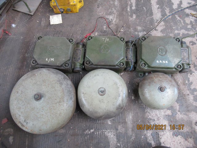 A set of bells found in an old cardboard box with wires still attached.
They are dated 1933 and the owners will have them checked and a power supply made to get them working.
They were presumably used as a three tone system.