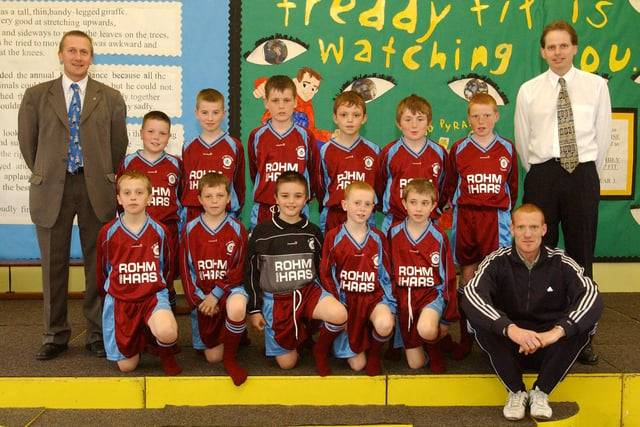 The school football team look smart in their brand new kit in 2005.