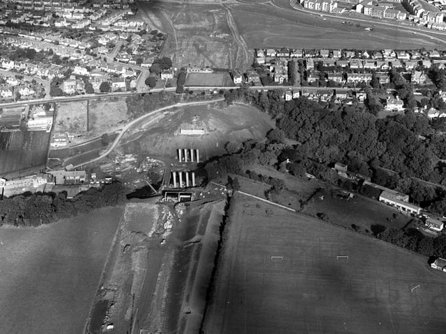 Aerial of Juniper Green, showing construction of the Edinburgh bypass road (or Edinburgh City bypass) at the West Lanark Road section, September 1979.