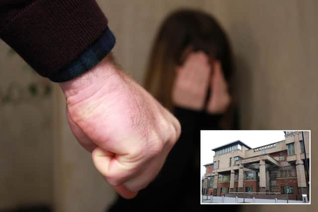 Sheffield Crown Court, pictured, has heard how a Sheffield thug smashed his ex-partner's car while she and their young son were inside the vehicle before he punched her.