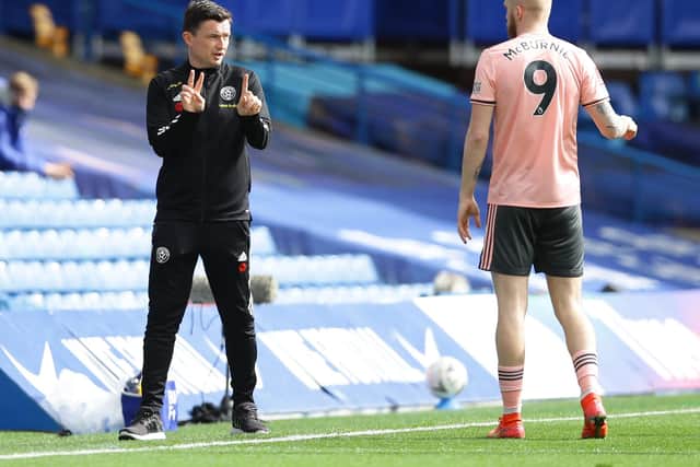 Paul Heckingbottom interim manager of Sheffield Utd instructs Oli McBurnie of Sheffield Utd during the FA Cup match at Stamford Bridge, London. Picture date: 21st March 2021. Picture credit should read: David Klein/Sportimage