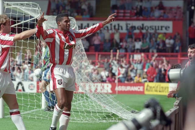 Brian Deane celebrates scoring the first Premiership goal on 15th August 1992 - Sheffield United v Manchester United.
