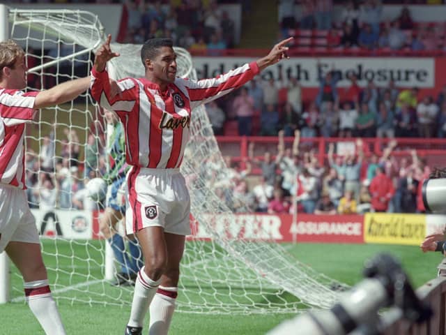 Brian Deane celebrates scoring the first Premiership goal on 15th August 1992 - Sheffield United v Manchester United.