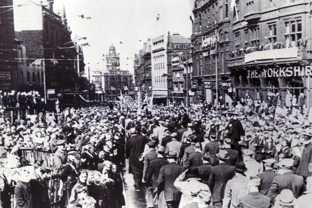 Crowds in Fargate, Sheffield city centre celebrate victory in Europe, May 1945