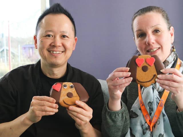 The biscuits certainly went down a treat when Bluebell Wood’s senior cook Jon Wan  got to sample them, along with care administrator Catherine Holloway (pictured). Their verdict? Georg-eous!