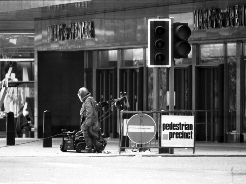 Shoppers stood well back when a suspect package was discovered in a litter bin outside Marks & Spencer store in Argyle Street, July 1985. The bomb disposal squad were called in but the bomb scare proved to be a hoax.