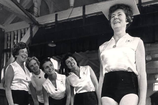 The Sheffield branch of the Women's League of Health and Beauty holding a 'graceful walking' competition in July 1973. From left, Ruth Anderson, course tutor, Eileen Wooding, winner of the novice cup, Audrey  Hancock, who came second, Pauline Laffoley who came third and the winner, Vera Hardy of Dore, showing how it's done