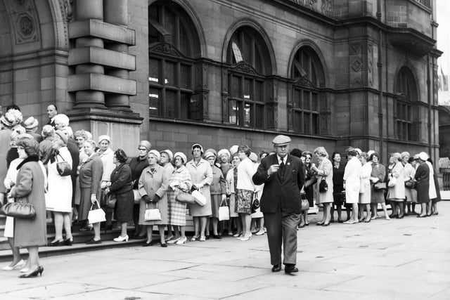 The ladies lined up in their finery outside the Sheffield Town Hall main entrance waiting for the "Lady Mayoress At Home" event in June 1967