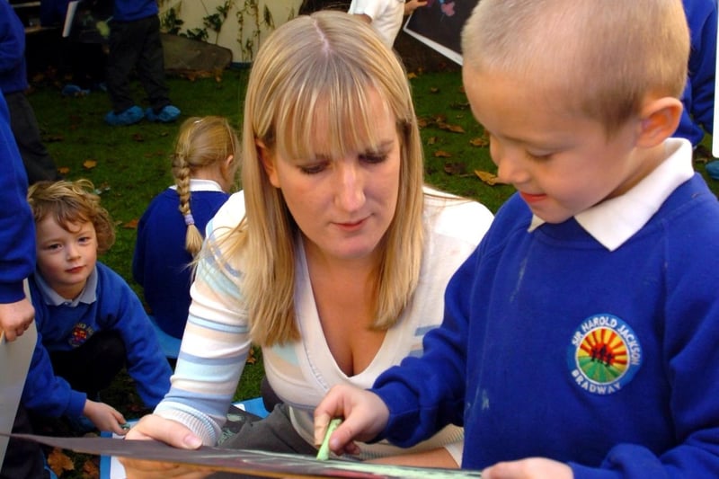 Class teacher Sarah Waight with pupil Joshua Fenley in the outdoor classroom at Sir Harold Jackson Primary School, Bradway on November 7, 2007