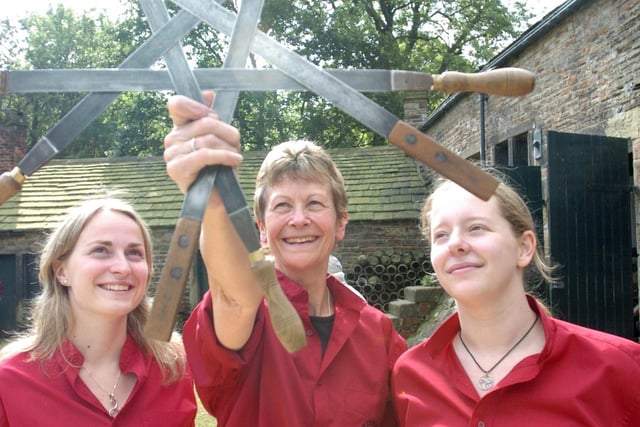 From l/r: Carla Ribeiro, Jenny Day and Rebecca Grainger of Triskele Sword 'Rapper Sword' Dancers at the 'Living History Day' at Abbeydale Industrial Hamlet in  2004