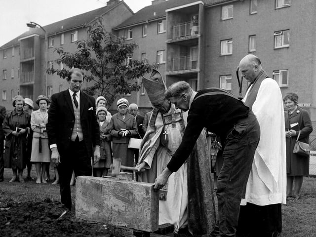 The Right Rev Kenneth M Carey, Bishop of Edinburgh, lays the Foundation Stone for the New St Hilda's Episcopal Church, in Colinton Mains, in July 1965.