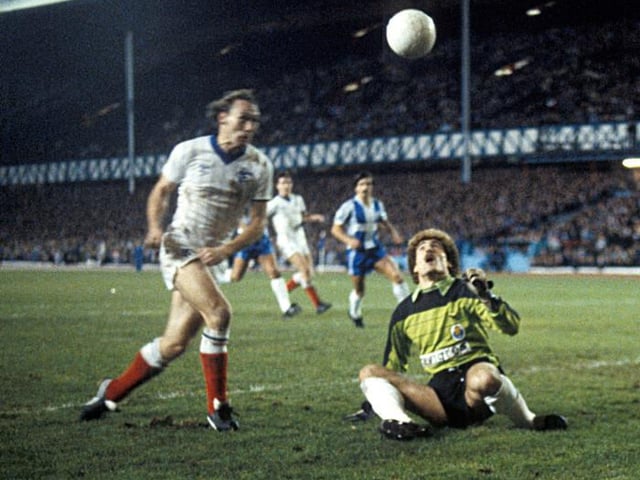 Striker Sandy Clark fires the ball past goalkeeper Ze Beto for the opener in a 2-1 win again in the Cup Winners' Cup second round.