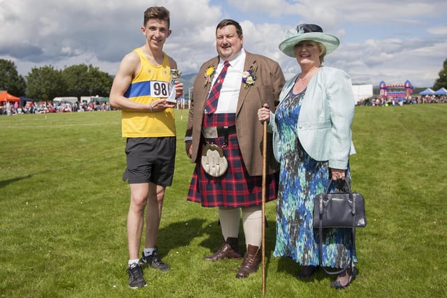 From left, Calum McWilliam, 90m open winner, Chieftain Harry Fairley and wife Marion.