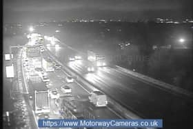Pictures shows queueing traffic after a blaze between junction 26 and 28 of the M1