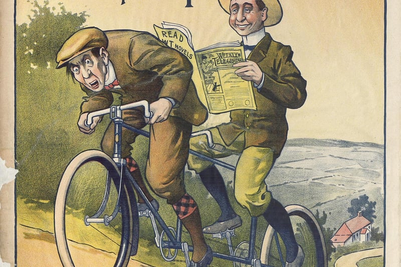 This poster from the Sheffield Weekly Telegraph in 1901 raises a smile with the caption: "Makes cycling a pleasure."