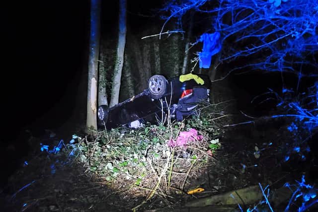 The South Yorkshire Special Constabulary picture of a car that went down an embankment in Barnsley on Friday, January 7, 2022 - only minor injuries were caused, police reported