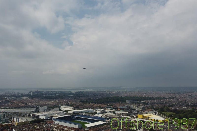 The blimp flying over Portsmouth - with Fratton Park in the foreground - on Thursday, July 1. Picture: Daniel Irwin