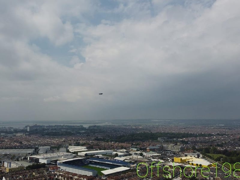 The blimp flying over Portsmouth - with Fratton Park in the foreground - on Thursday, July 1. Picture: Daniel Irwin