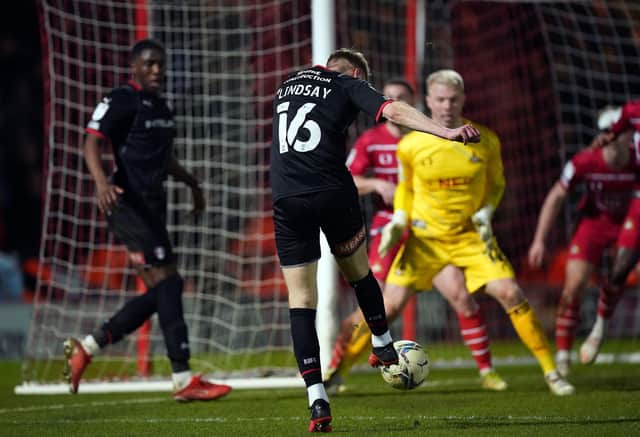 Rotherham United's Jamie Lindsay scoring the fifth goal against Doncaster Rovers: Mike Egerton/PA Wire.