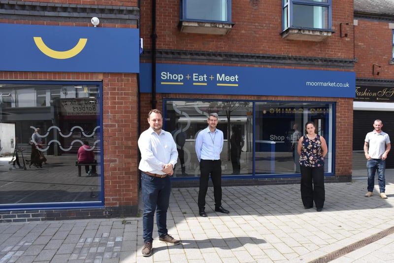 From left, Coun Jason Zadrozny, Ashfield Council leader, council town centres and markets manager Trevor Middleton, project manager Katie Mills and site manager Nick Drury outside the new market.