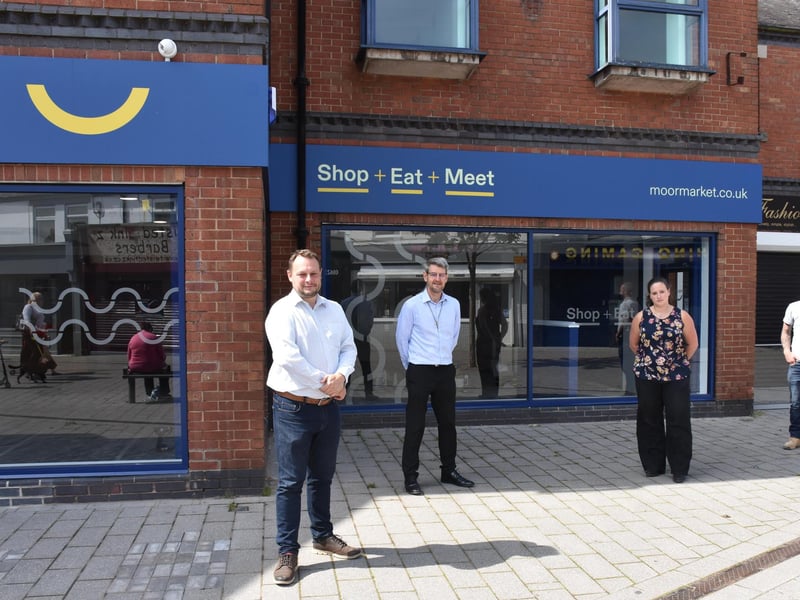 From left, Coun Jason Zadrozny, Ashfield Council leader, council town centres and markets manager Trevor Middleton, project manager Katie Mills and site manager Nick Drury outside the new market.