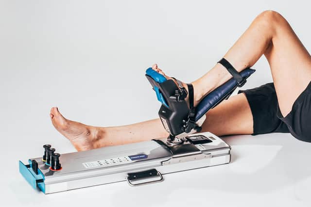 J T Rehab's 'S-Press' medical rehabilitation device improves leg strength.