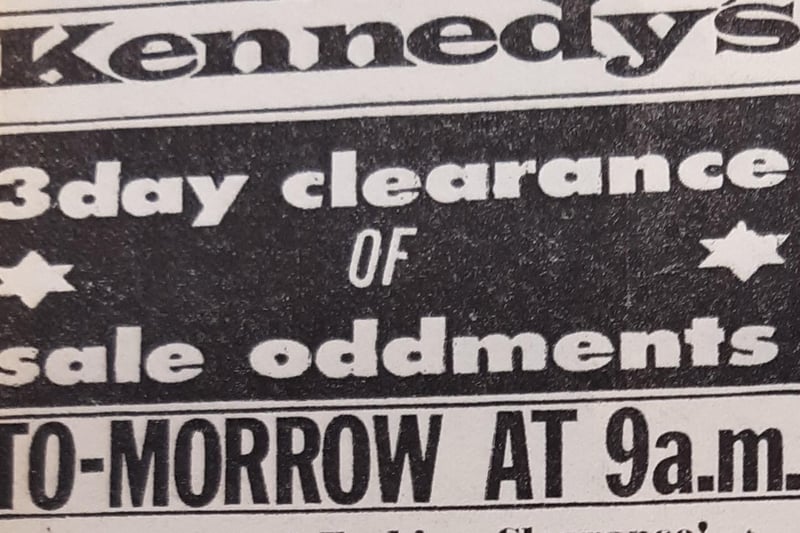 Ladies dresses for £5 and 5 shillings or skirts for 20 shillings. It was all in the Kennedy's 3-day clearance sale.