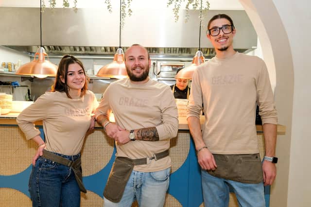 Vito, Sharon and Antonio at Grazie Italian restaurant on Leopold Street in Sheffield city centre