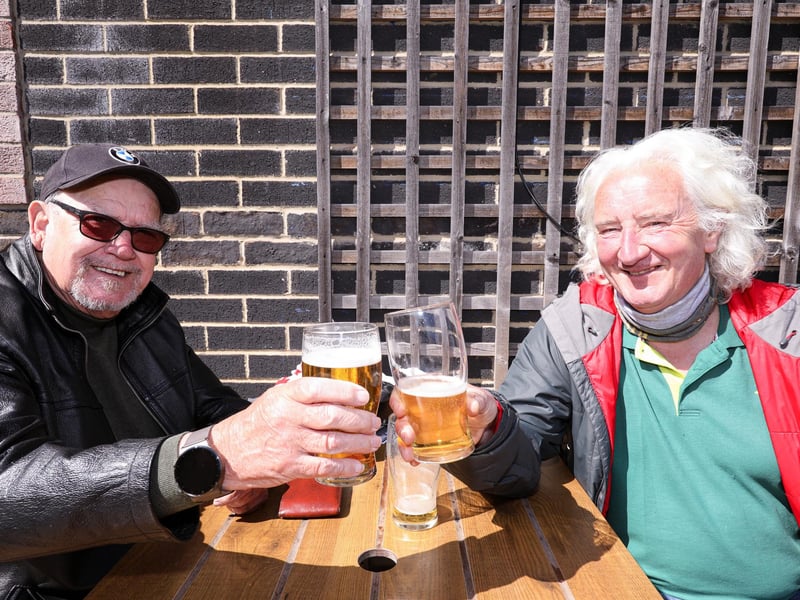 Ray Alford, left, and Phil Lymath. Drinkers enjoy the sunshine at the Parchment Makers, HavantPicture: Chris Moorhouse (jpns 240421-16)