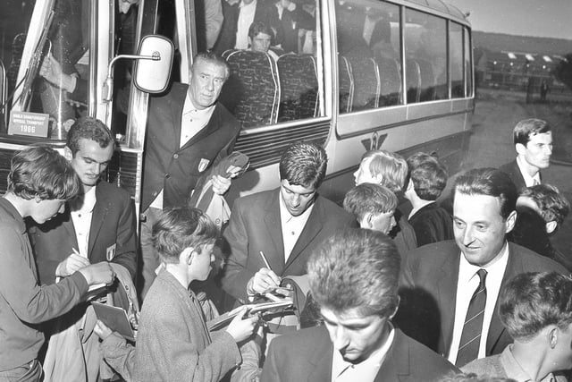 World Cup footballers sign autographs during their time at Roker Park.