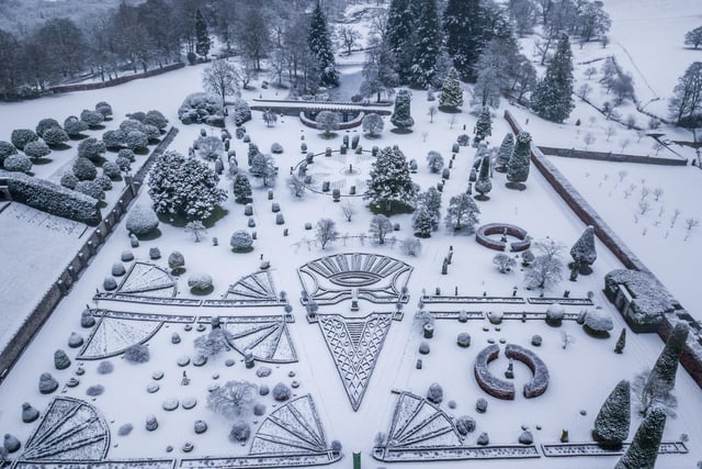 Snow covered Drummond Castle Gardens, Perthshire