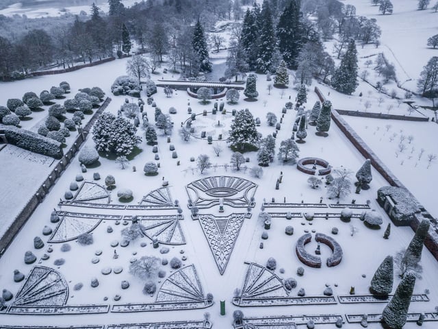 Snow covered Drummond Castle Gardens, Perthshire