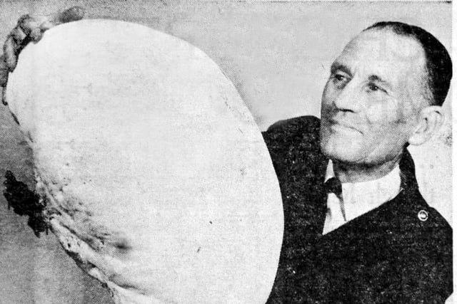 George Marsay from Hartlepool had difficulty holding on to this 14lb 4oz mushroom that was found in a field at Hart village back in September 1975.