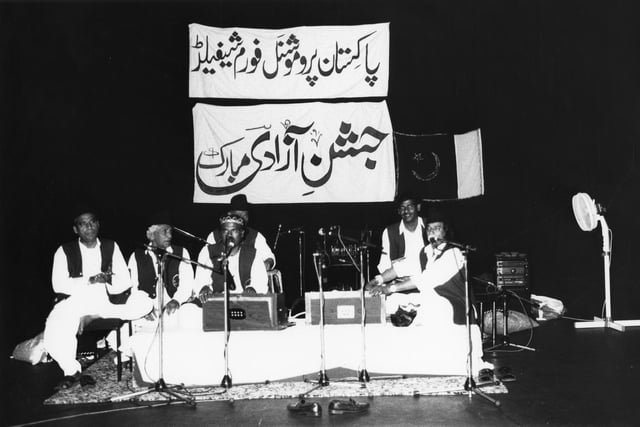 Musicians Inddp Maqbool Sabri Qawwl during celebrations at the Crucible Theatre to mark 50 years of Independence in Pakistan.