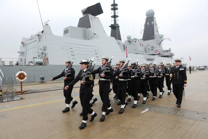 21st March 2013. HMS Defender Commissioning Ceremony at the Portsmouth Naval Base. Ships company on parade. Picture: Paul Jacobs  (13802-14)