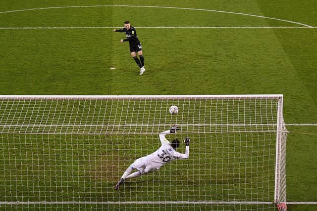 Oliver Norwood of Sheffield United sees his penalty saved by Brice Samba of Nottingham Forest (photo by Michael Regan/Getty Images).