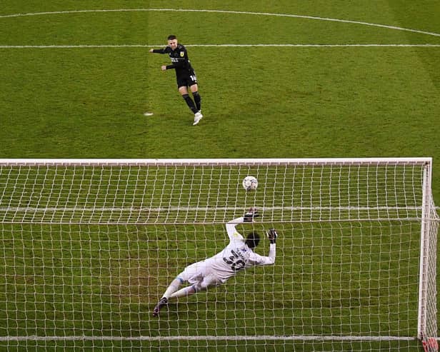 Oliver Norwood of Sheffield United sees his penalty saved by Brice Samba of Nottingham Forest (photo by Michael Regan/Getty Images).