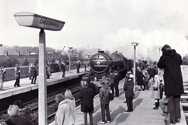 The Flying Scotsman steams through Chesterfield Station on its way to Derby workshops for a refit.  The famous engine had been unloaded from a boat in Liverpool after being on display in America back in 1973