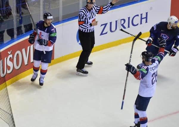 Robert Dowd celebrates his goal against France in Kosice. Picture: Dean Woolley. Copyright: 2019 MB Media