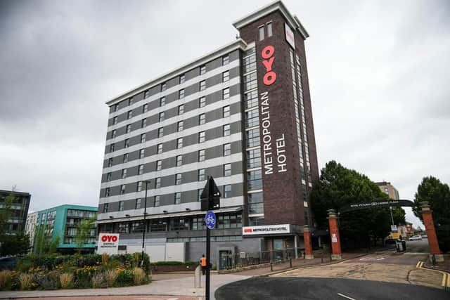 SHEFFIELD, ENGLAND - AUGUST 19: A general view of the OYO Metropolitan Hotel in Blonk Street, Sheffield, where a five year old Afghan refugee boy fell to his death from a window on August 19, 2021 in Sheffield, England. An Afghan boy, 5, has died after falling from a hotel window in Sheffield just five days after fleeing the Taliban in Afghanistan as a refugee. (Photo by Christopher Furlong/Getty Images)