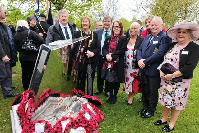 The Sheffield delegation at the HMS Sheffield memorial unveiling at the National Memorial Arboretum.