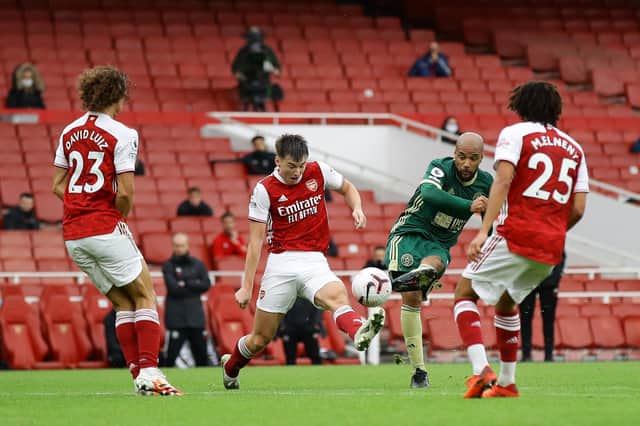 Sheffield United's David McGoldrick scoring against Arsenal: David Klein/Sportimage
