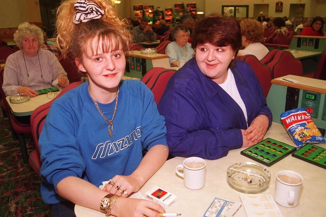 Pictured at Vardon Bingo Hall, on Kilner Way, Sheffield, in 1997 are Carley McCoy and Jackie Aitken.
