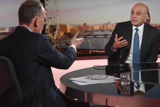 Health Secretary Sajid Javid appearing on BBC1 current affairs programme The Andrew Marr Show today, where he refused to rule out introducing new measures before Christmas to combat the rapif spread of the Omicron variant of Covid-19