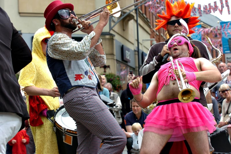 Funky Style Brass from France brought their extravagant costumes and showmanship to Durham for the Streets of Brass,  Durham International Festival in 2012.